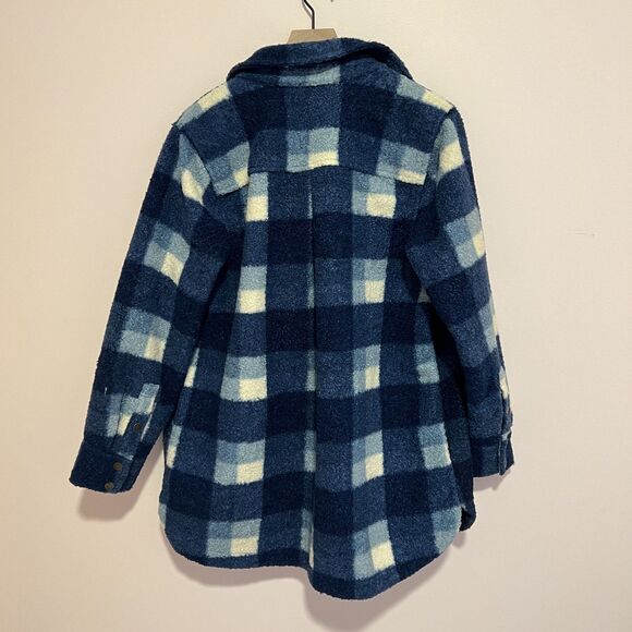 Soft Surroundings Dealto Jacket Sherpa Blue White Plaid Pockets Snap Front Sz L - Picture 2 of 8